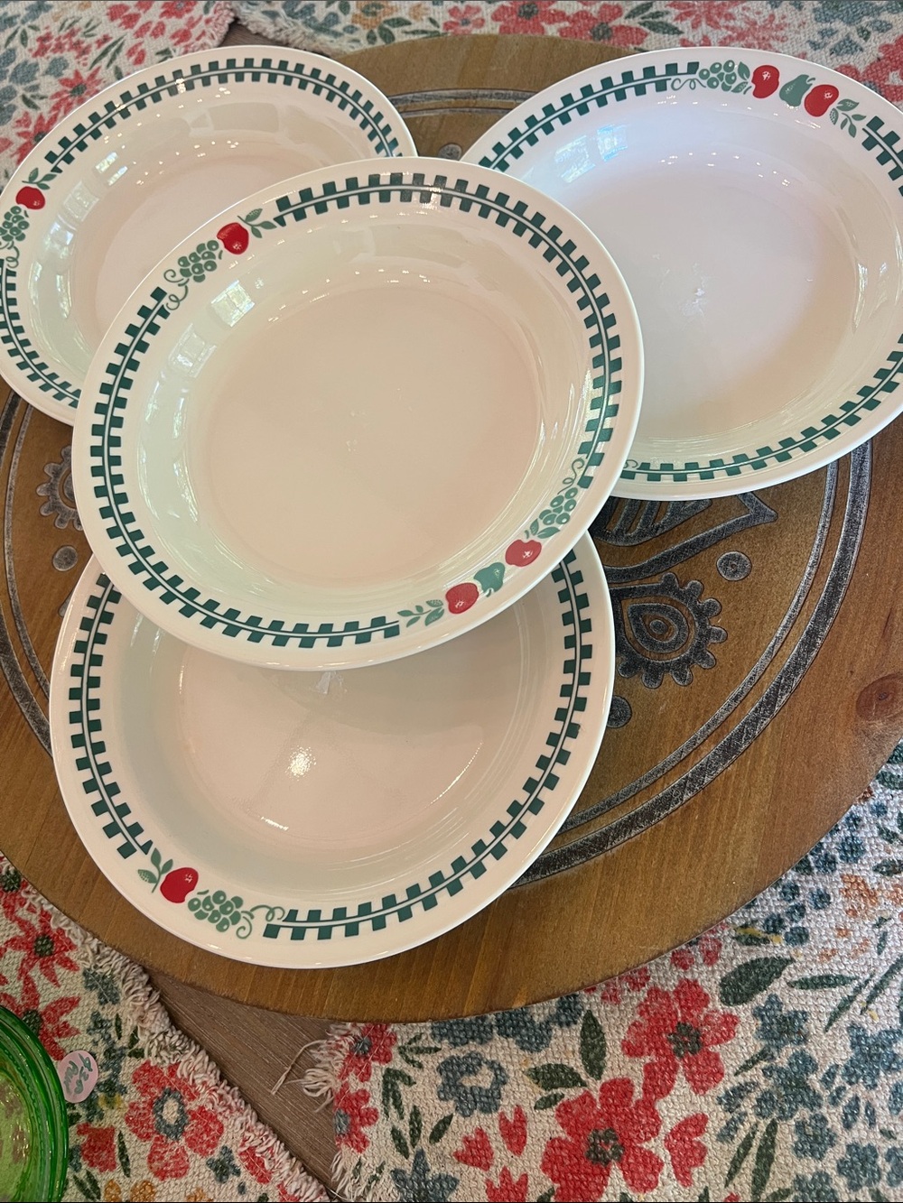 White Ceramic Dinner Bowls with Green Check & Red Cherry Accent